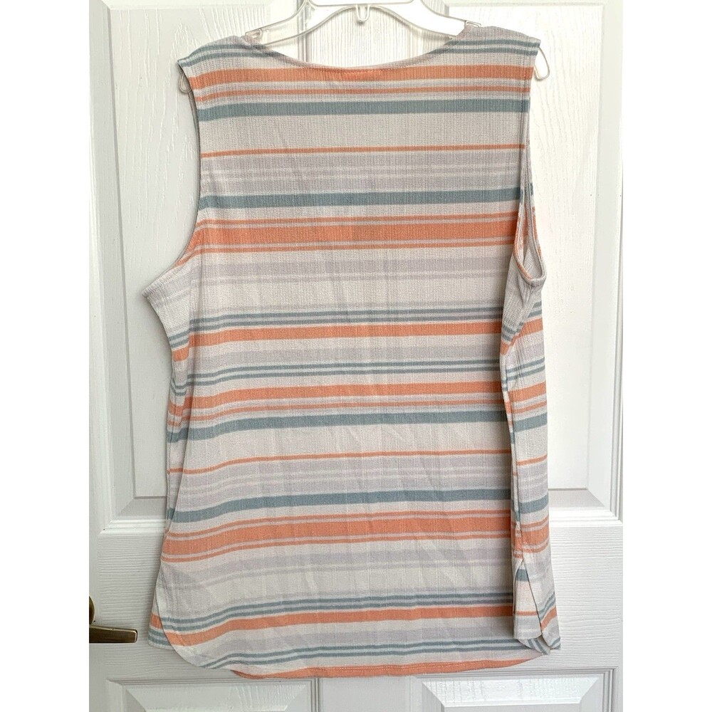 NWT Lularoe Rachael Sleeveless 1/2 Zip White Blue Coral Striped Top Blouse M - Picture 4 of 8